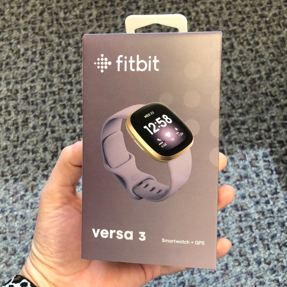 Fitbit Versa 3 Smartwatch + GPS w/ soft gold case & thistle infinity band